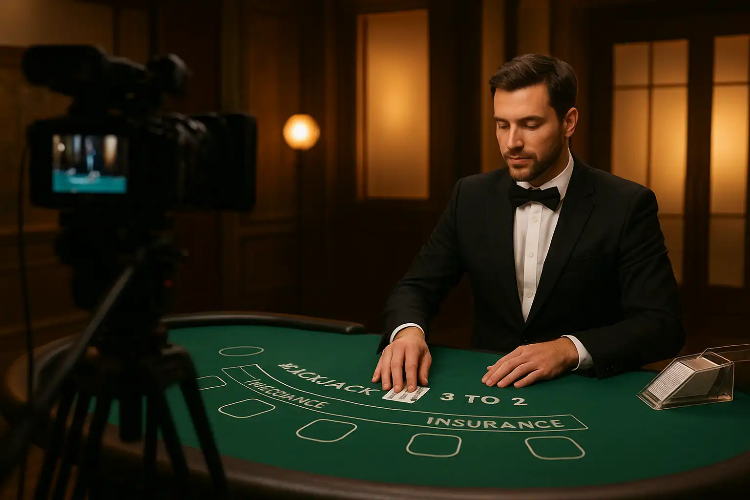 Croupier en direct animant une table de blackjack