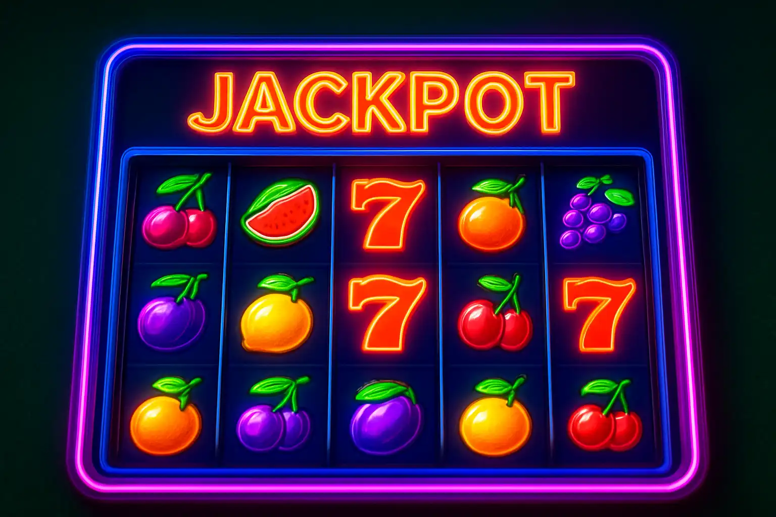 Machines à sous colorées avec symboles de fruits et de jackpots
