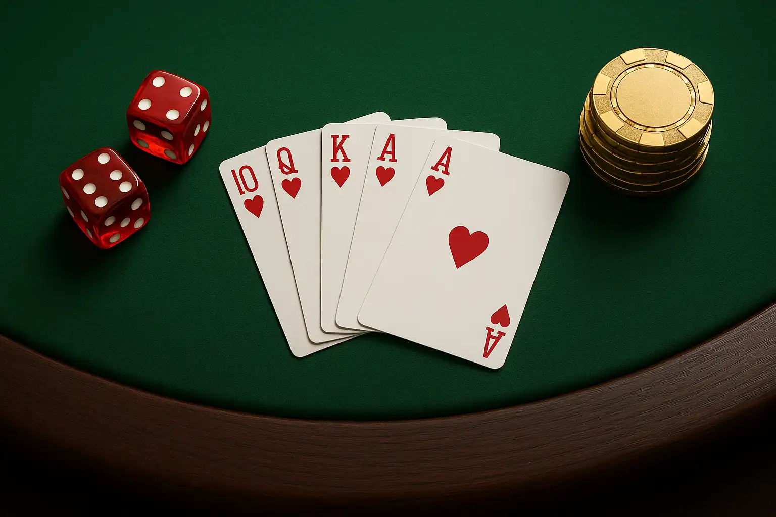 Table de casino avec cartes, dés et jetons de poker