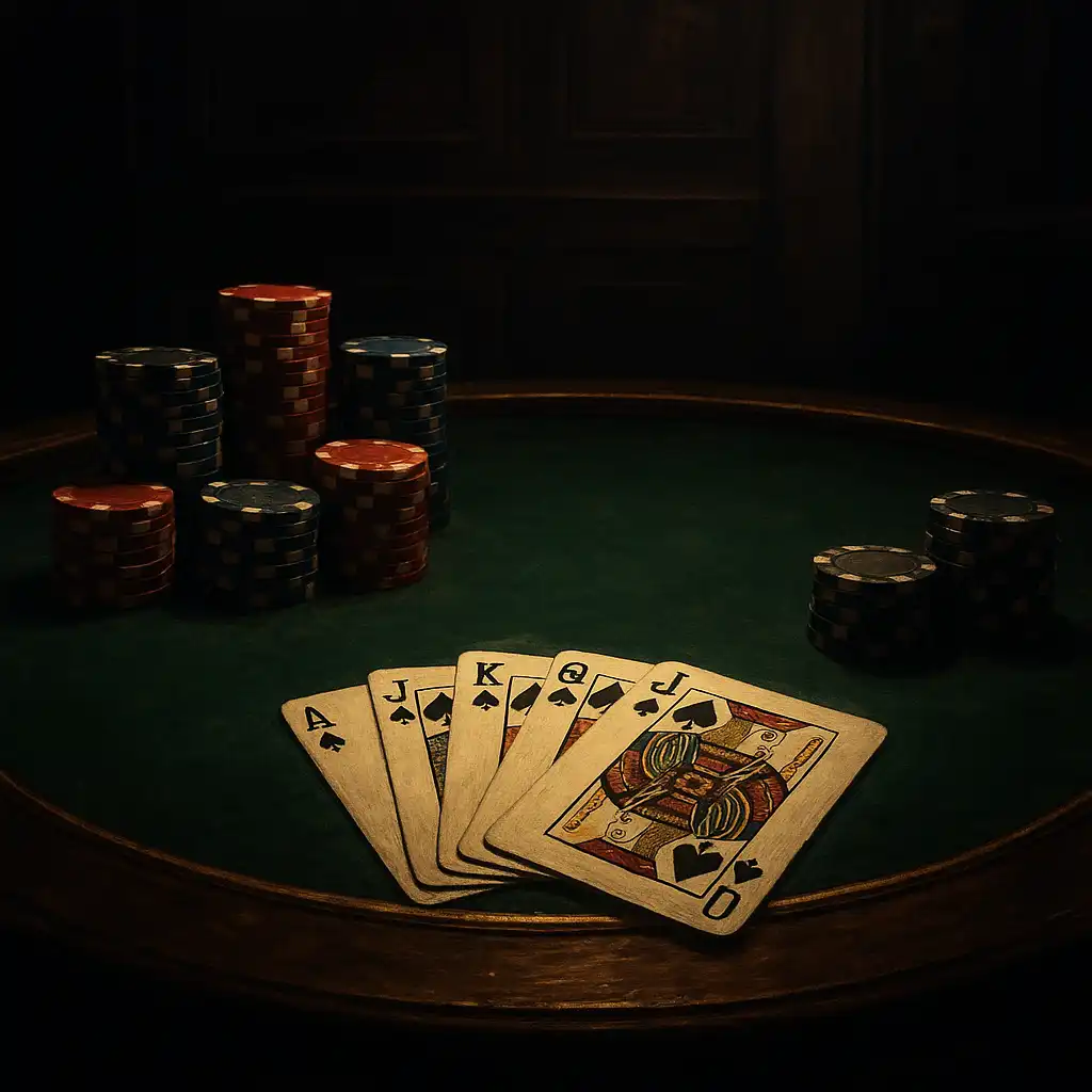 Table de casino verte avec jetons et cartes dans une ambiance mafia